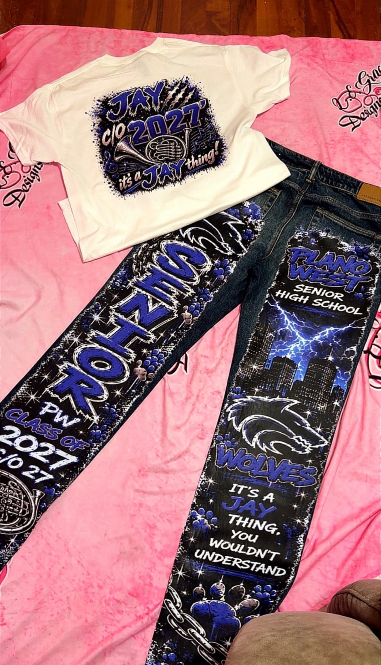 Blue and black boys senior jeans set with coordinating custom T-shirt, Plano West example