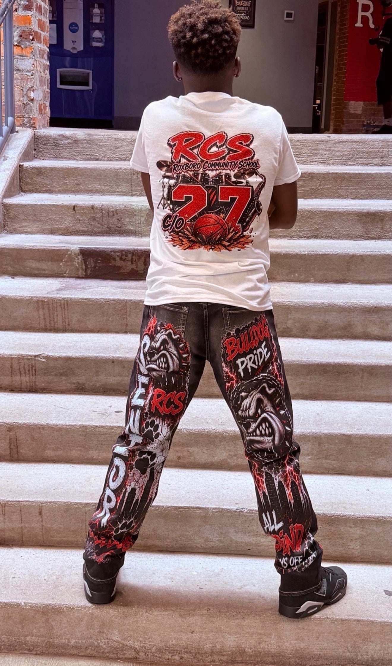 Boys senior jeans set back view with custom T-shirt and fully designed jeans