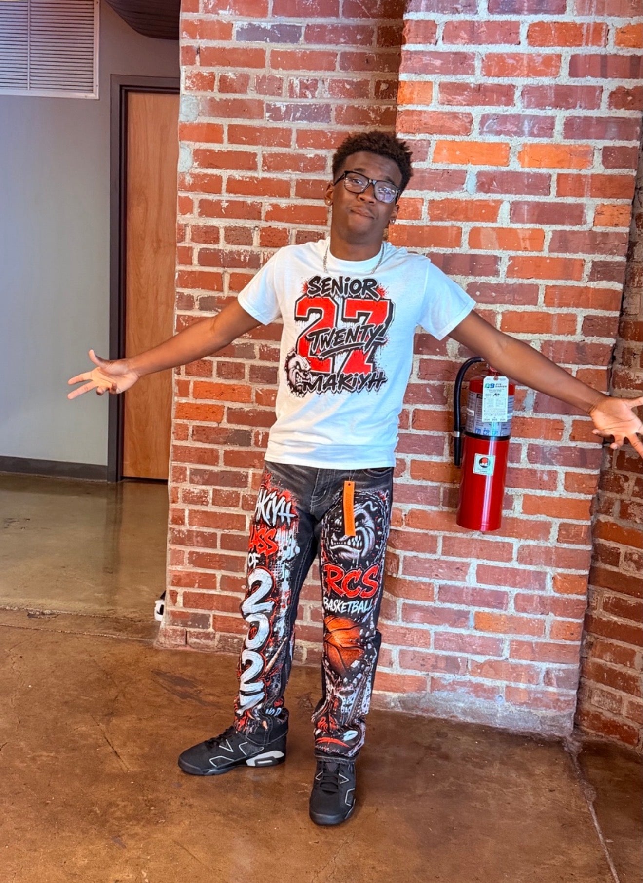 Boys senior jeans set front view with custom T-shirt and fully designed jeans
