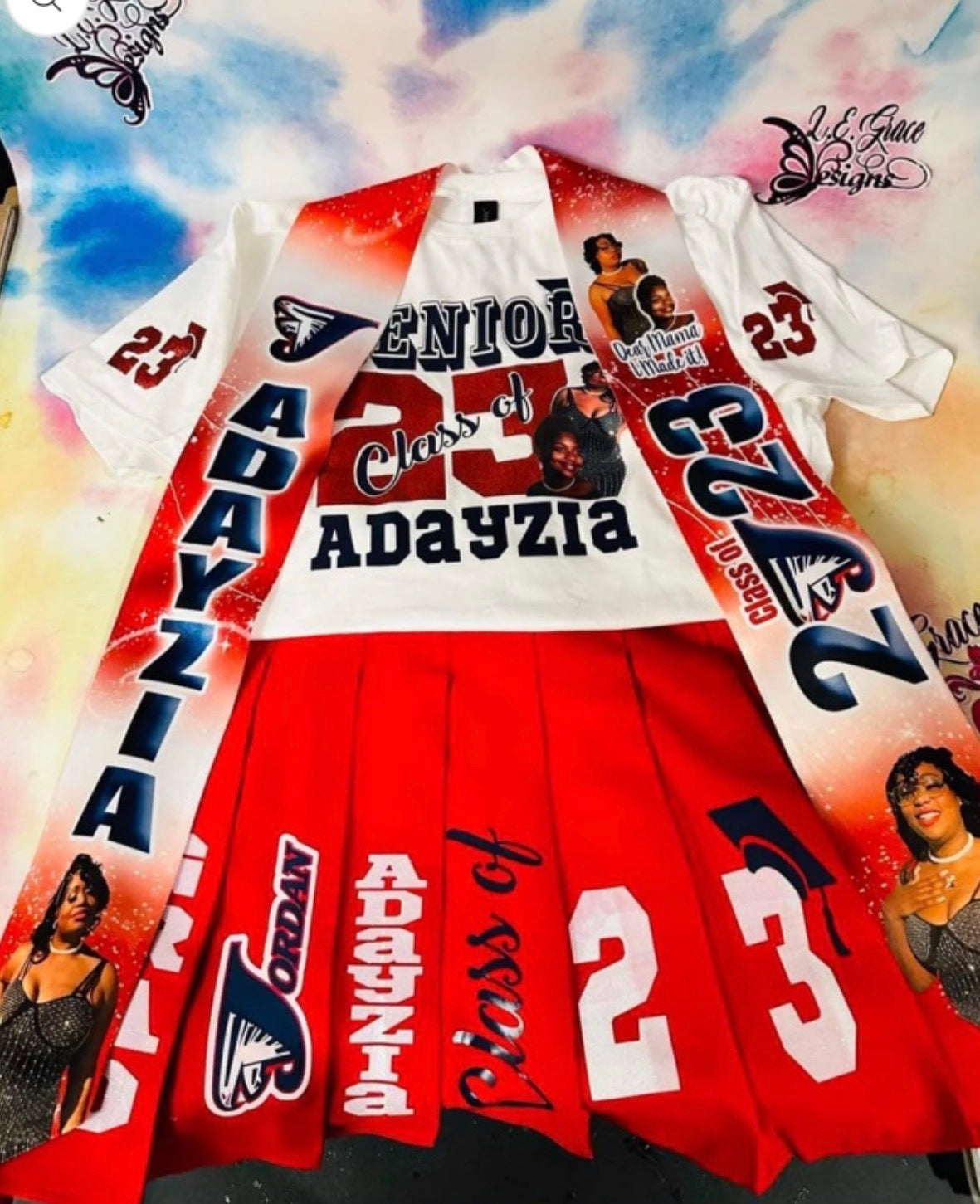 Red and blue custom senior skirt and T-shirt set flat lay by L.E. Grace Designs