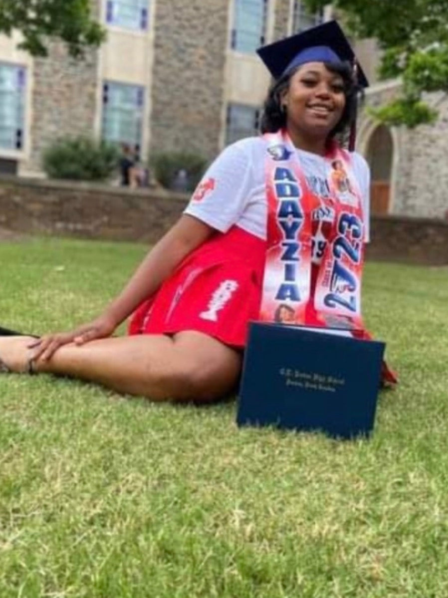 Red and blue custom senior skirt set with T-shirt by L.E. Grace Designs