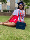 Red and blue custom senior skirt set with T-shirt by L.E. Grace Designs